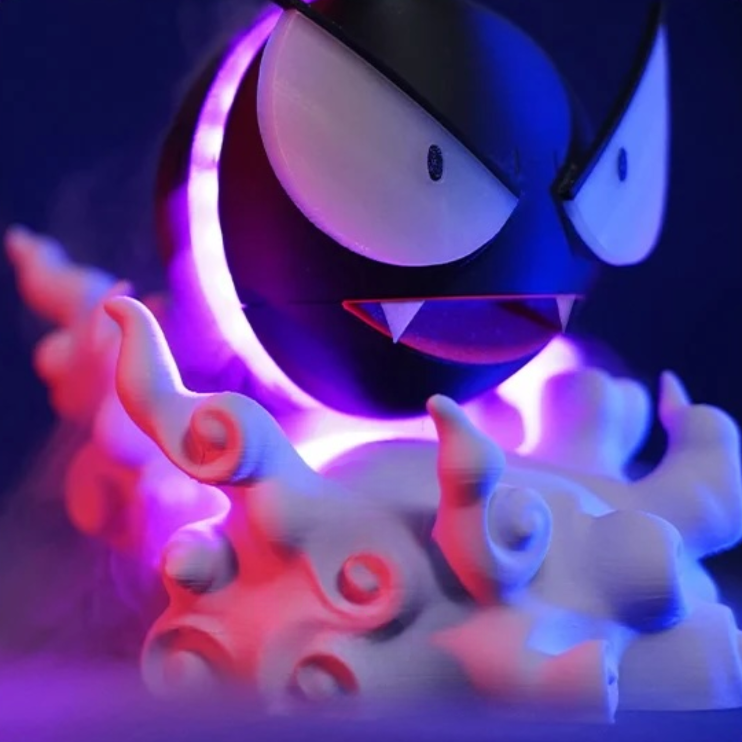 Gastly Humidifier 3.0 Evo Side - 3D printed luminous Pokémon humidifier with advanced mist emission, UV disinfection, and blue purple ambient night light glow.