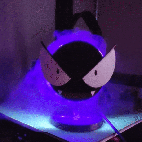 Gastly Humidifier mist effect - 3D printed luminous Pokémon humidifier with advanced mist emission, UV disinfection, and blue purple ambient night light glow.