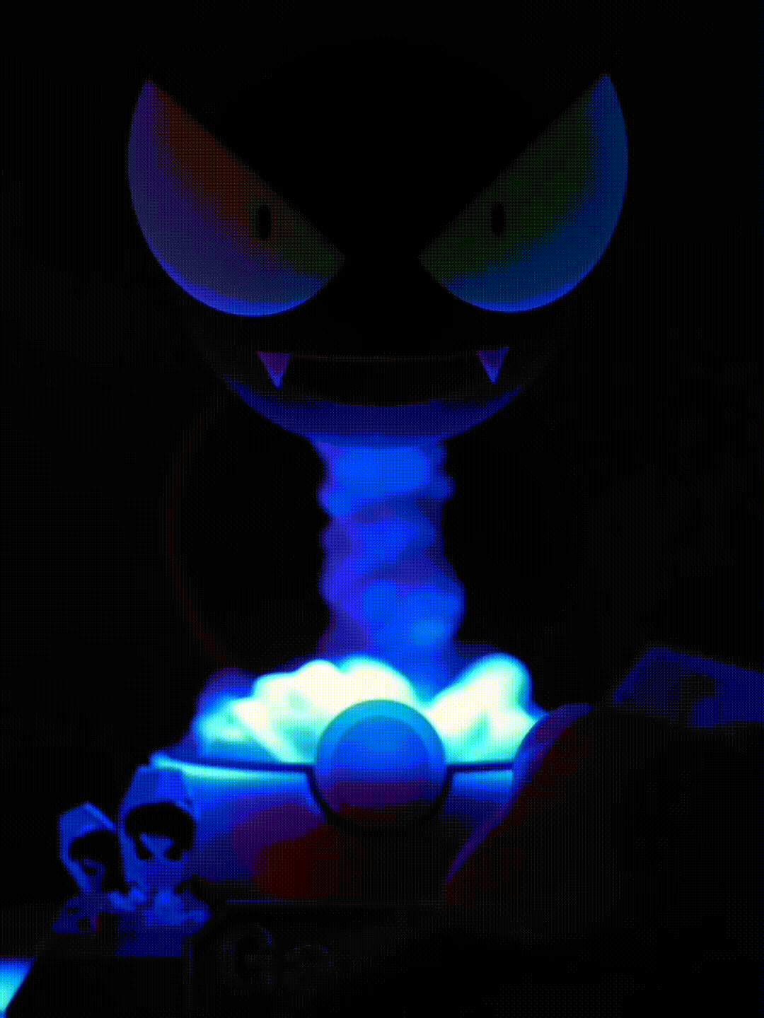 Gastly Humidifier 2.0 Pro Gif - 3D printed luminous Pokémon humidifier with advanced mist emission, UV disinfection, and blue purple ambient night light glow.