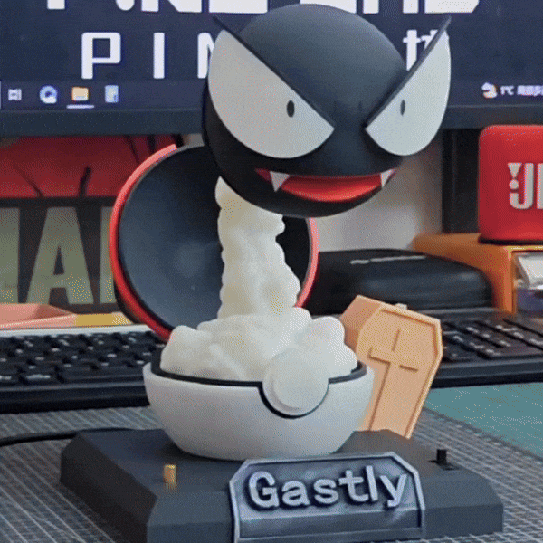 Gastly Humidifier 2.0 Pro Gif 2 - 3D printed luminous Pokémon humidifier with advanced mist emission, UV disinfection, and blue purple ambient night light glow.