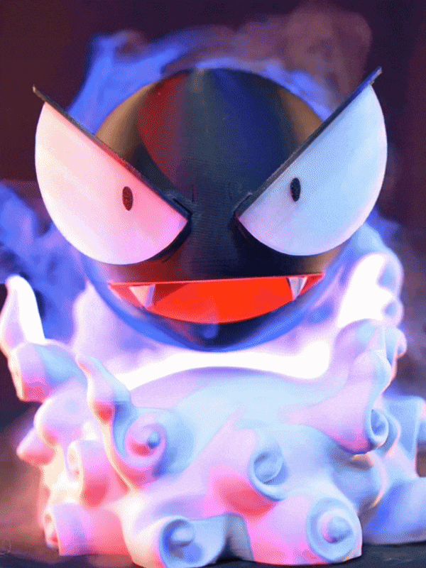 Gastly Humidifier 3.0 Evo Gif - 3D printed luminous Pokémon humidifier with advanced mist emission, UV disinfection, and blue purple ambient night light glow.