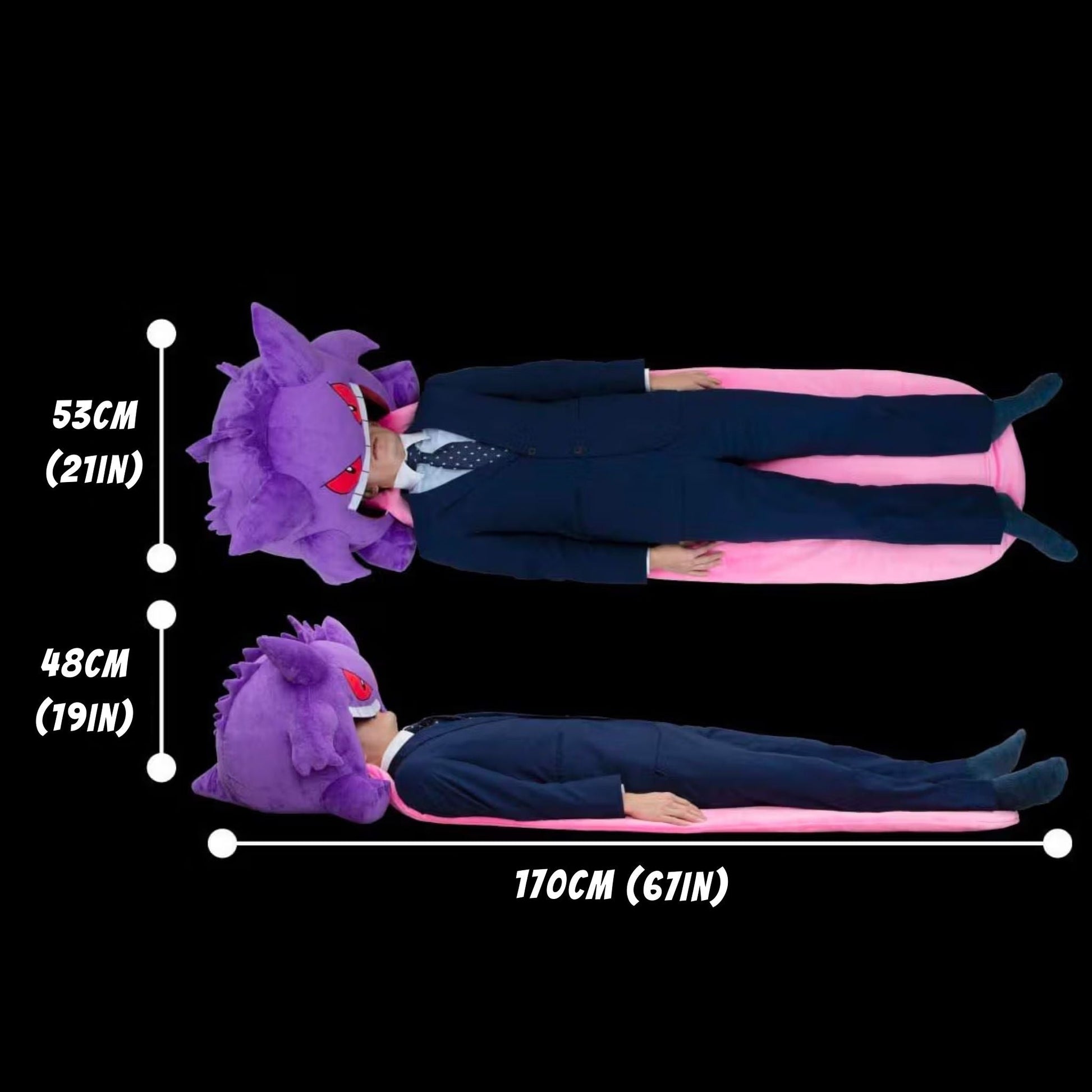 Dimensions - Gengar Tongue Pillow Blanket Sleeping Pod For Afternoon Naps. Portable design for travel, work and on the go napping. Perfect gift for Pokémon fans.