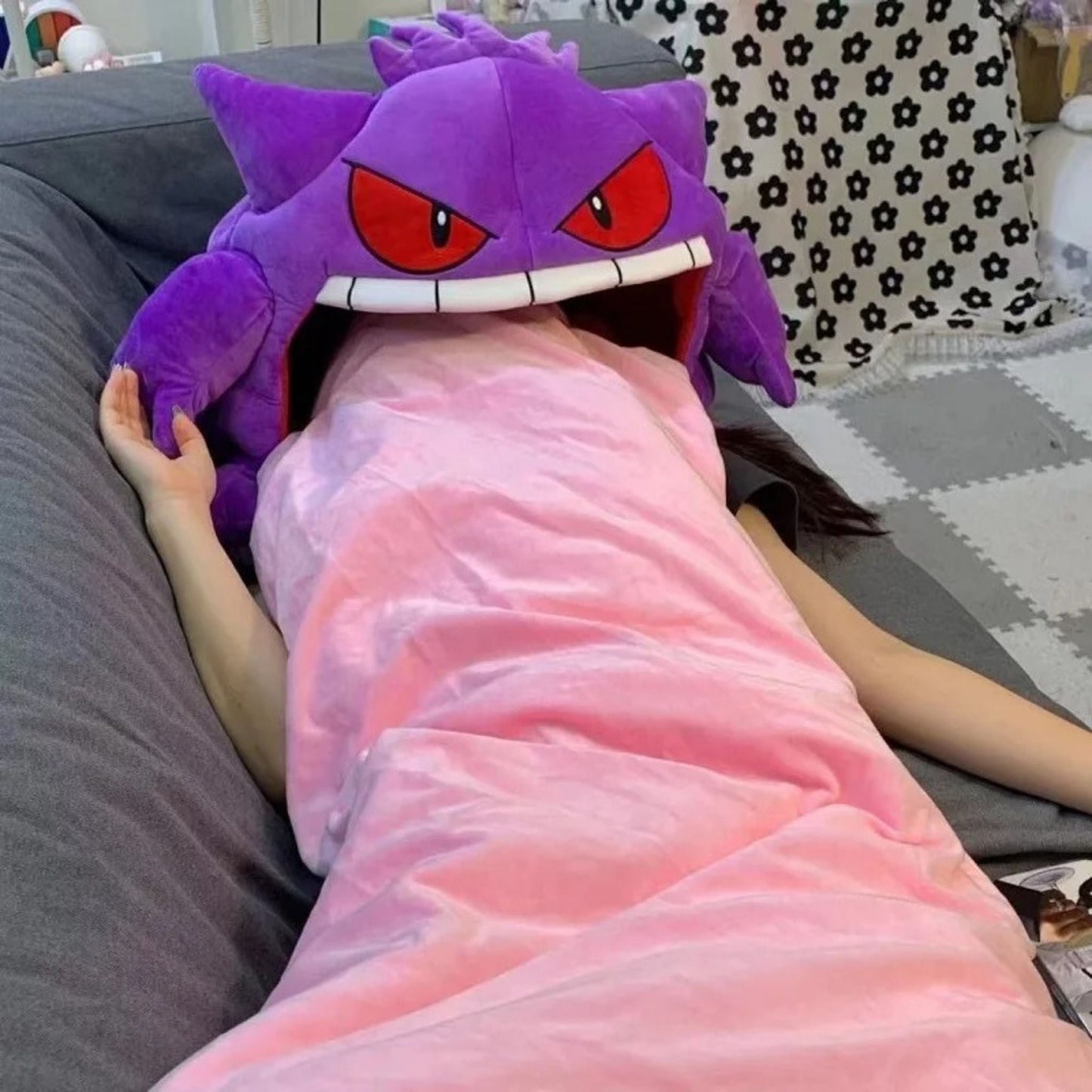 Main Image - Gengar Tongue Pillow Blanket Sleeping Pod For Afternoon Naps. Portable design for travel, work and on the go napping. Perfect gift for Pokémon fans.