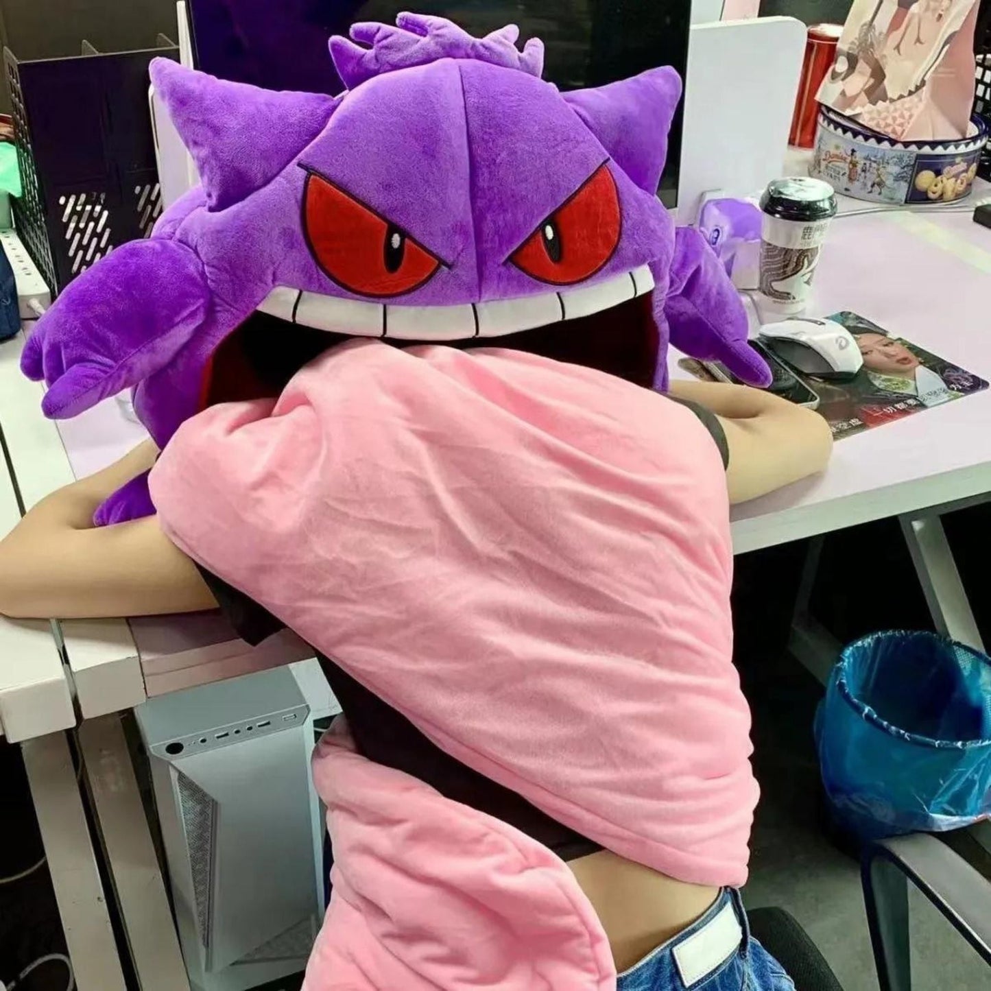 Sleeping - Gengar Tongue Pillow Blanket Sleeping Pod For Afternoon Naps. Portable design for travel, work and on the go napping. Perfect gift for Pokémon fans.
