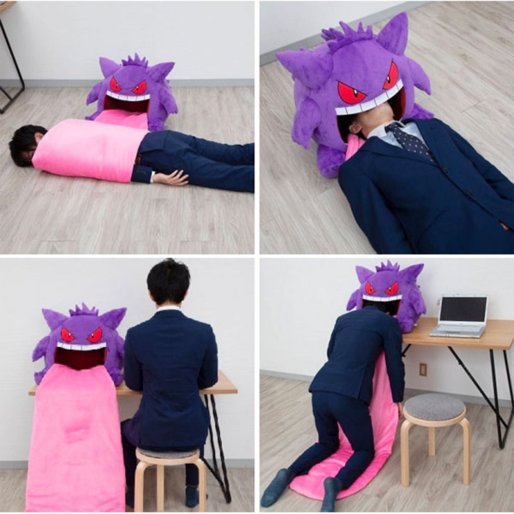 Use Cases In Office - Gengar Tongue Pillow Blanket Sleeping Pod For Afternoon Naps. Portable design for travel, work and on the go napping. Perfect gift for Pokémon fans.