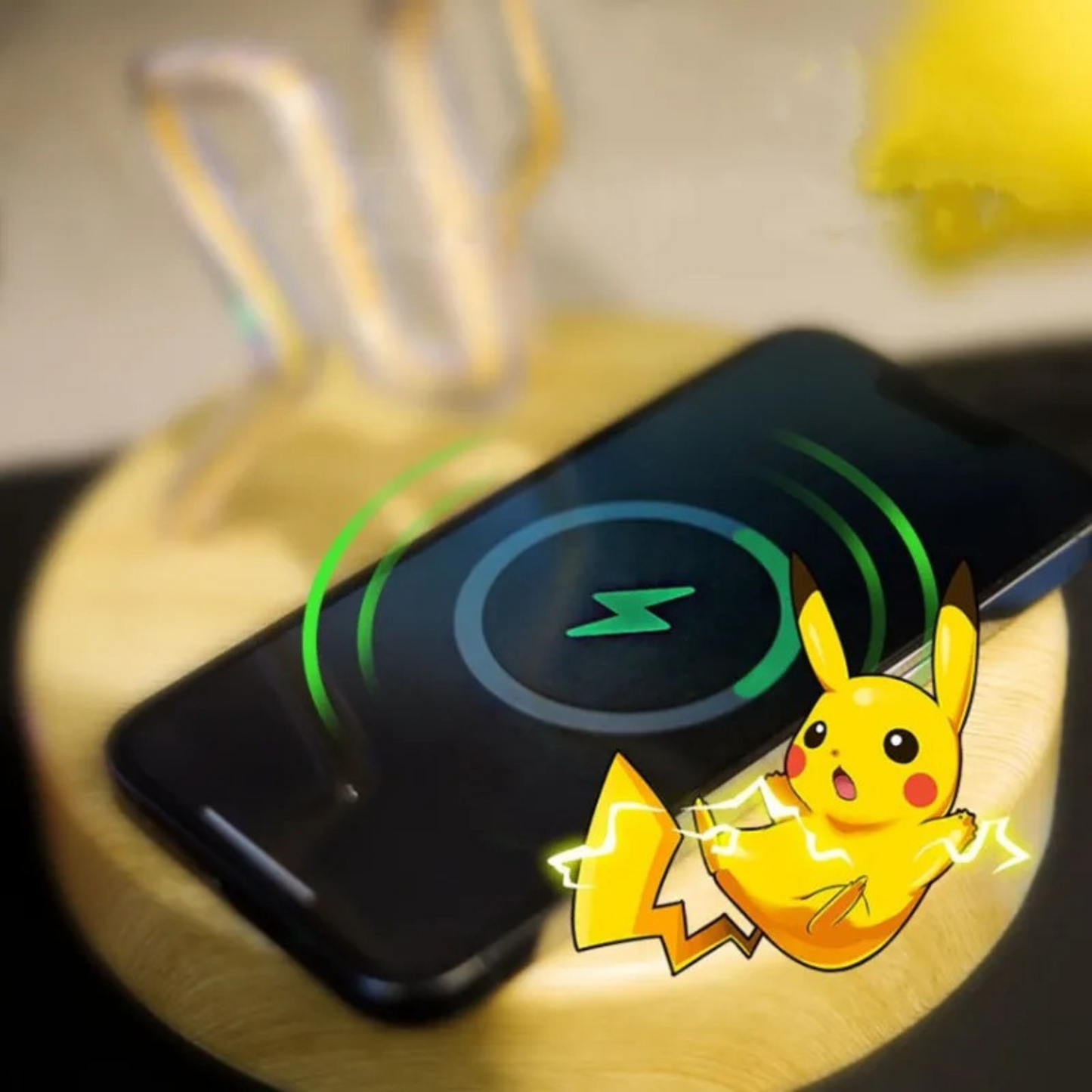 iPhone charging - Pikachu Pokemon wireless charger with thunderbolt lightning LED lights | Perfect as a night light lamp decor gift for Pokémon fans.